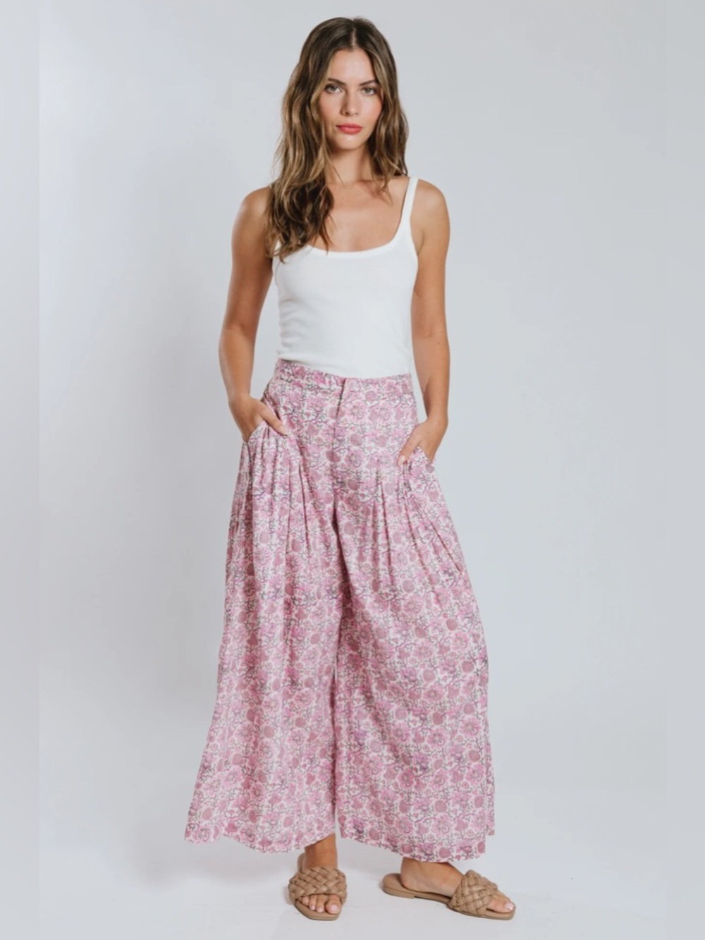 NWT Anthropologie Raga Pink Printed Wide Leg Pants sz L